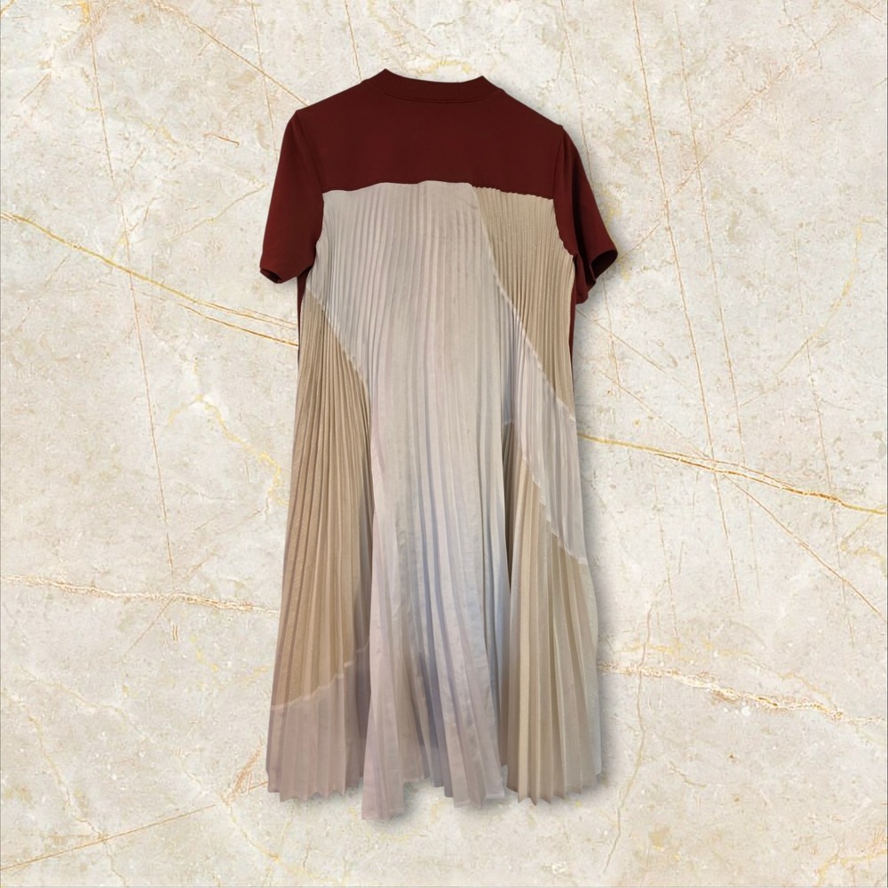 Clu Mixed Media Pleated Midi Dress XS Burgundy Colorblock Mock Neck WL18H4024 - Picture 2 of 11